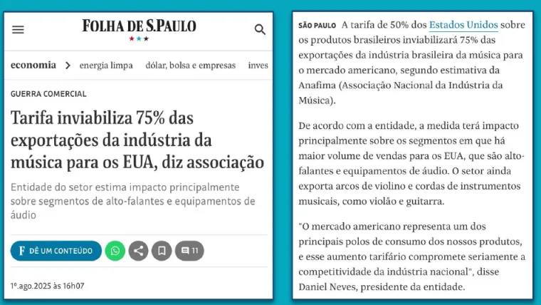 Tarifa inviabiliza 75% das exportações da indústria da música para os EUA — Folha de S. Paulo