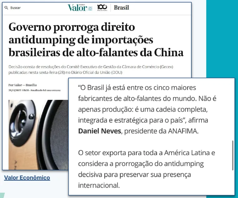 Governo prorroga direito antidumping de importações brasileiras de alto-falantes da China — Valor Econômico