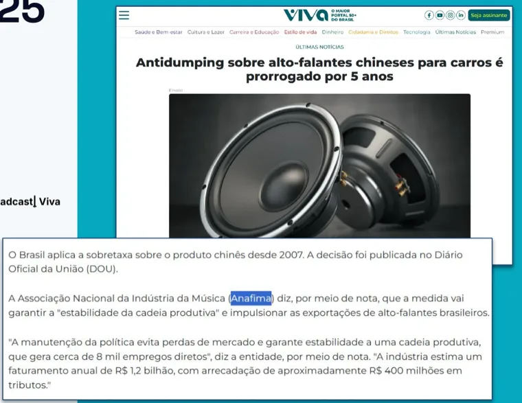Antidumping sobre alto-falantes chineses para carros é prorrogado por 5 anos — Viva / Broadcast