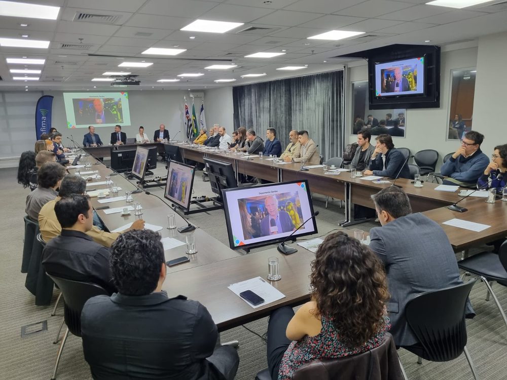 Mesa completa de associados da ANAFIMA durante reunião institucional, sob a bandeira da associação.